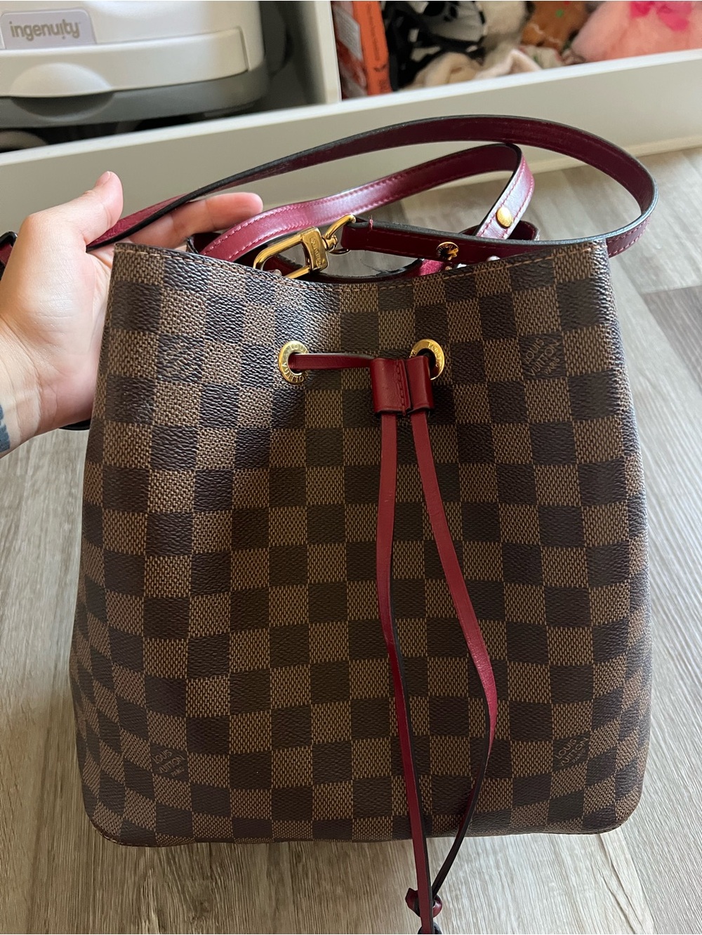 Louis Vuitton Brown Checkered Bucket Bag with Burgundy Trim